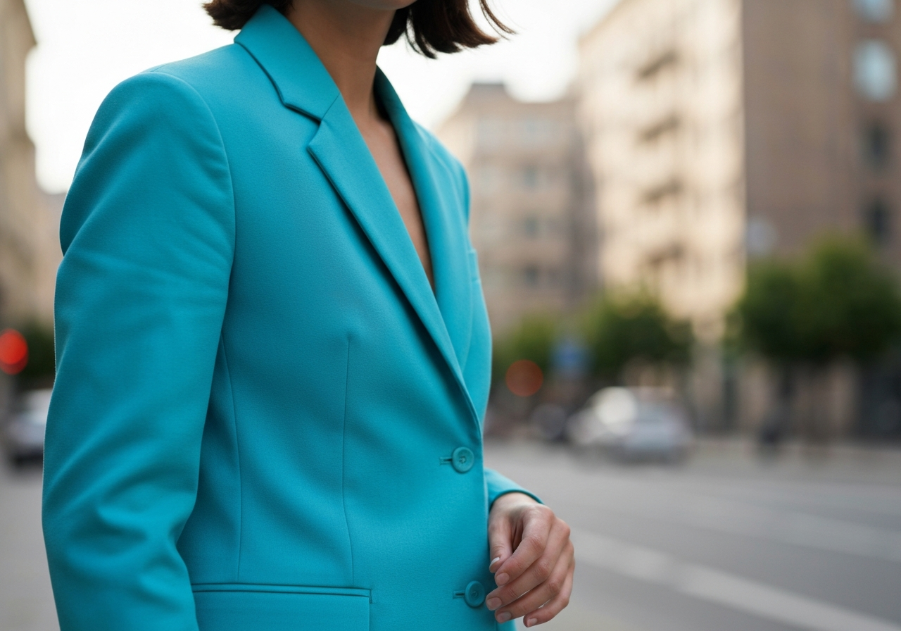 Stylowa osoba w turkusowej marynarce na tle rozmytego miasta w naturalnym świetle.