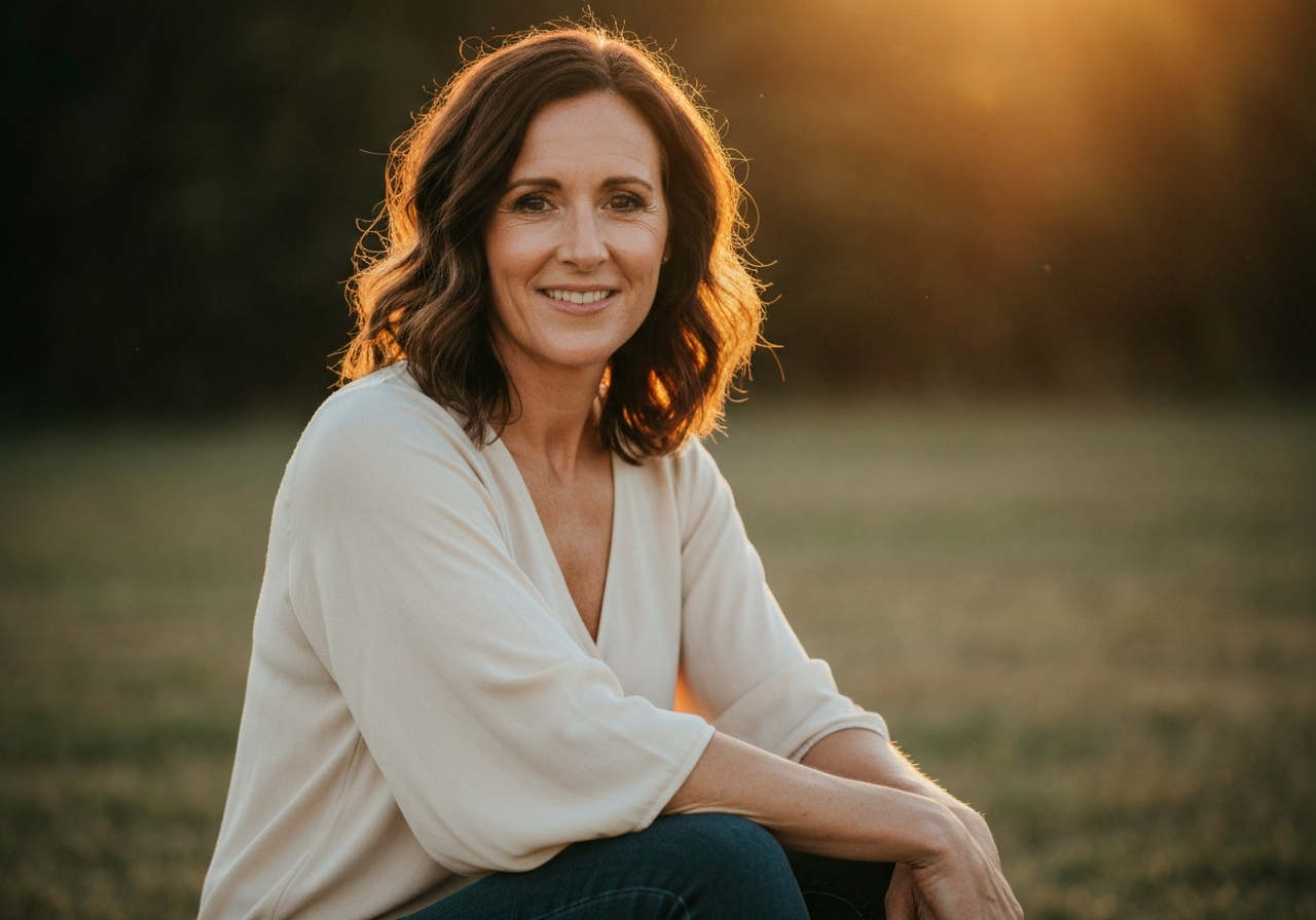 Kobieta w średnim wieku uśmiecha się na zewnątrz przy zachodzącym słońcu w eleganckim stroju