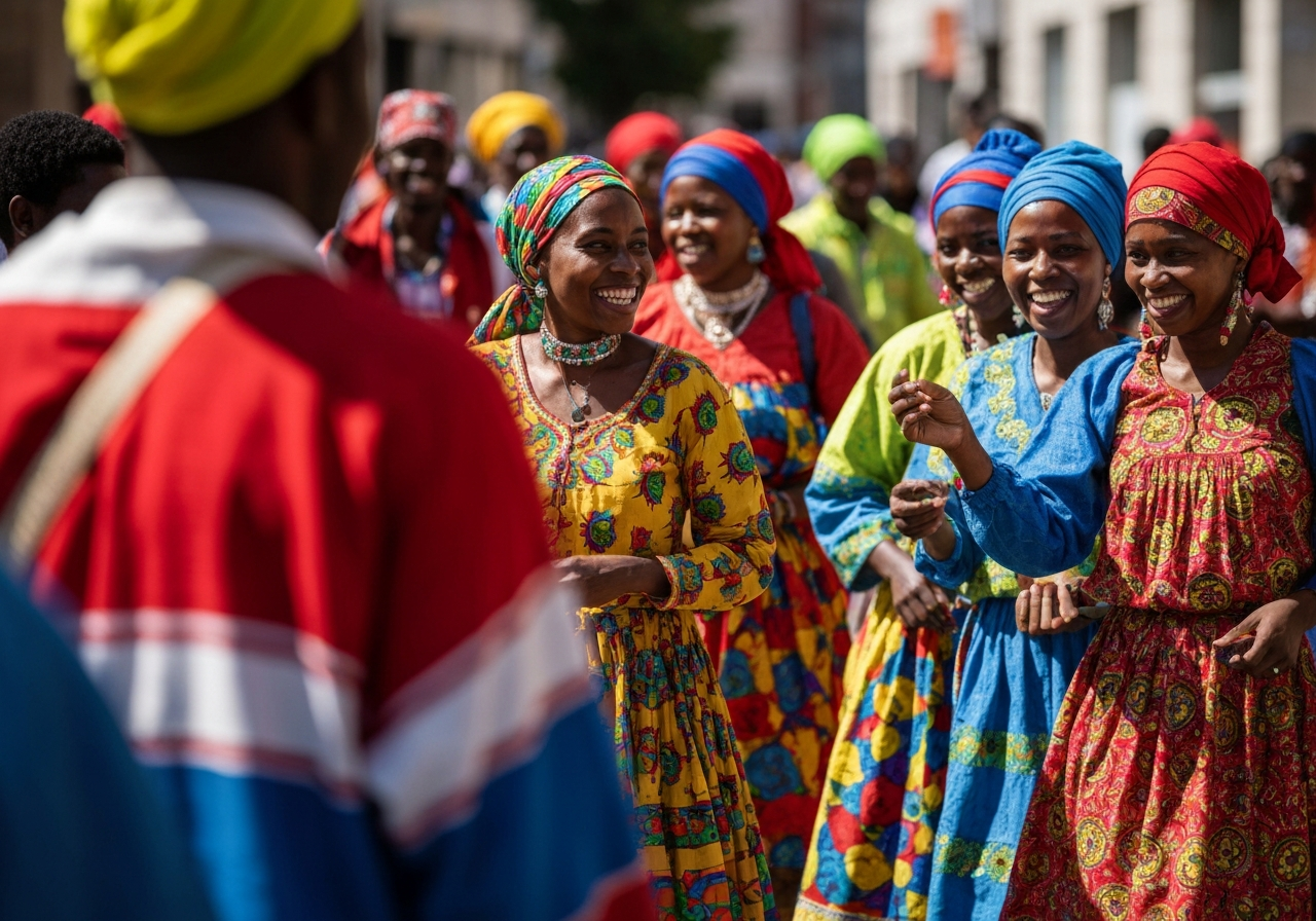 Grupa osób w kolorowych strojach rozmawia na ulicy, zbliżenie na tkaniny i wzory, naturalne światło.