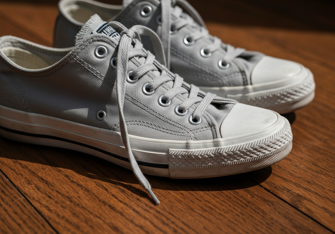 Para klasycznych materiałowych trampek na drewnianej podłodze, widok z bliska, sznurówki rozwiązane.