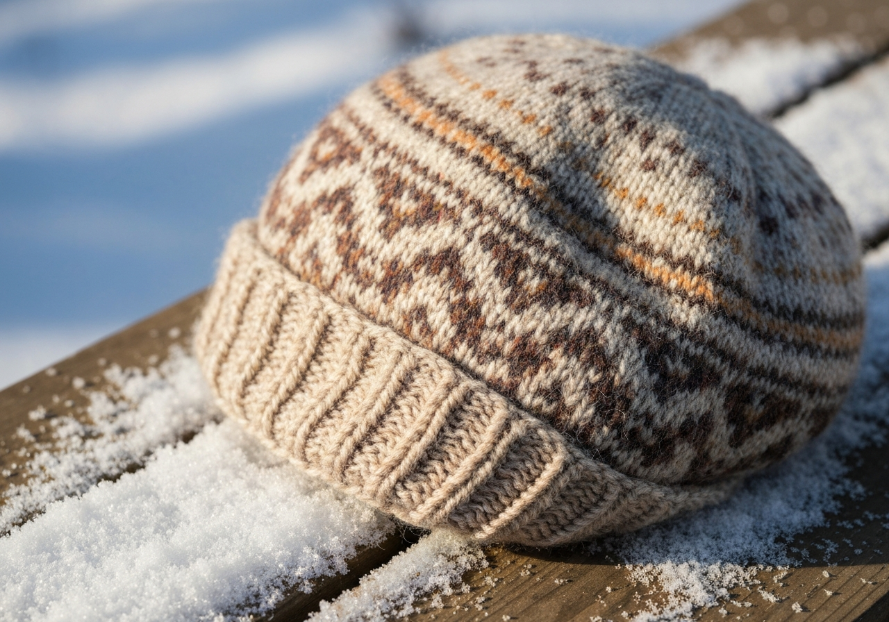 Zbliżenie wełnianej zimowej czapki z wzorami na drewnianym tle z delikatnym śniegiem.