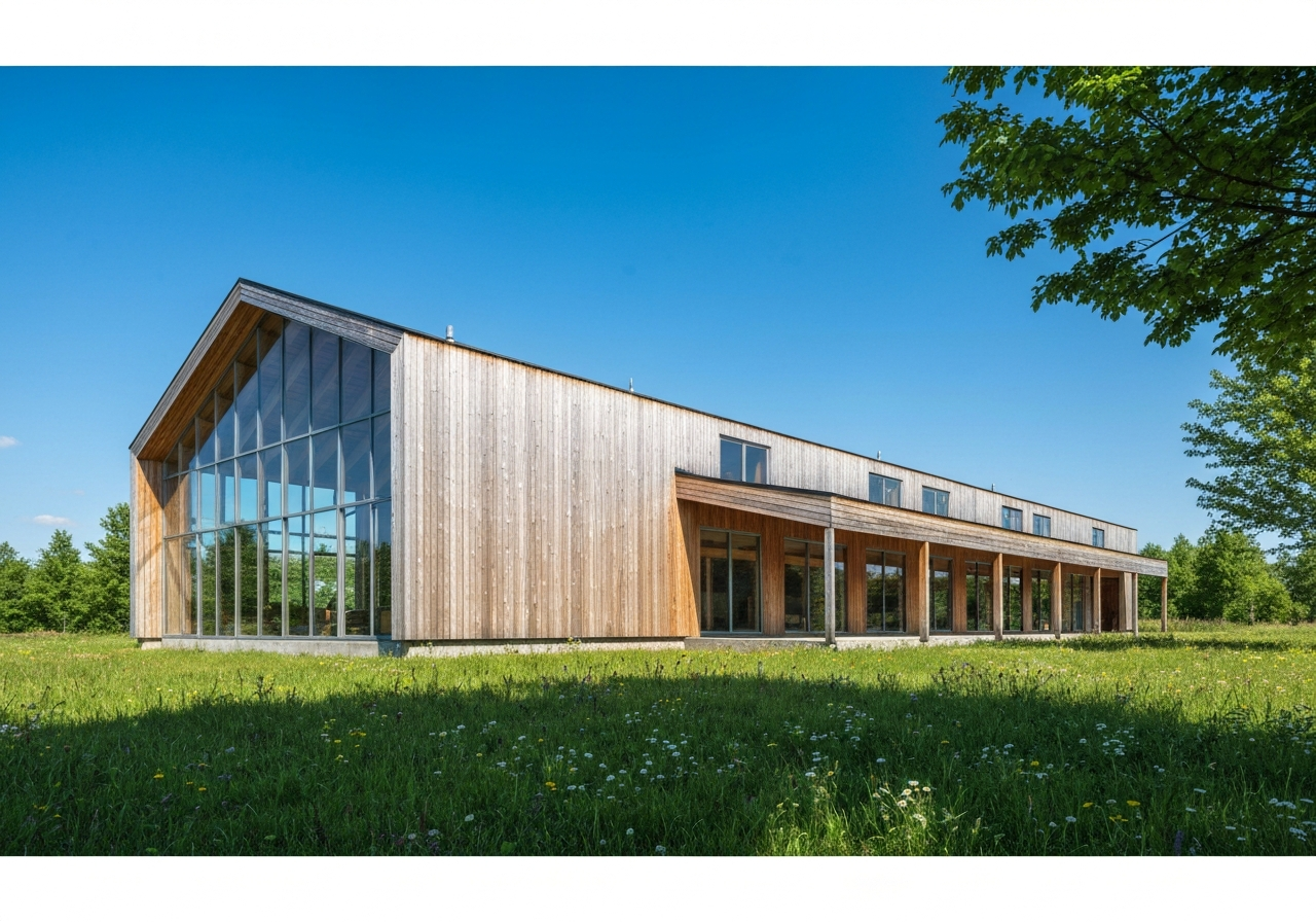 nowoczesny drewniany szklany barn na tle zielonej łąki pod jasnym niebem
