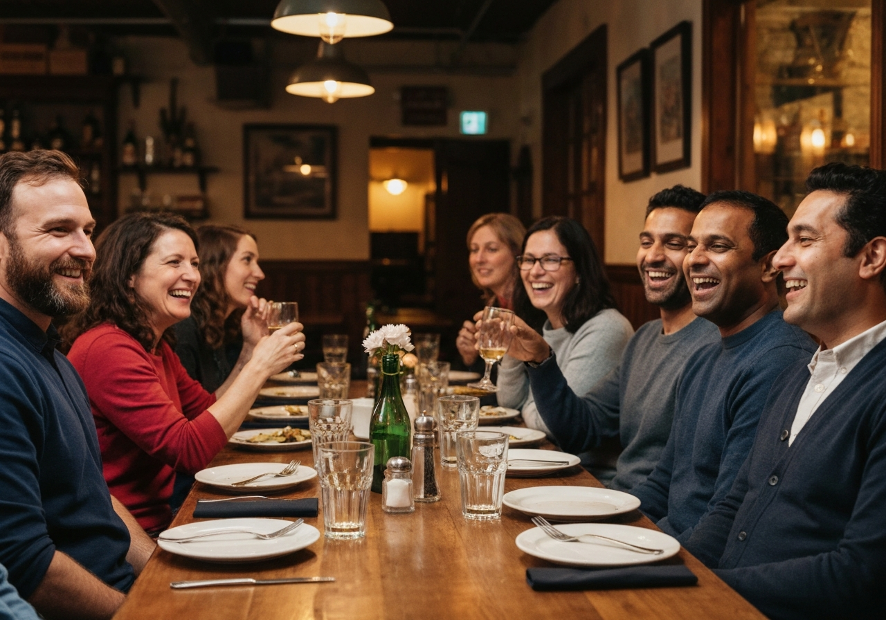 Grupa uśmiechniętych osób przy drewnianym stole w rustykalnej restauracji podczas spotkania towarzyskiego